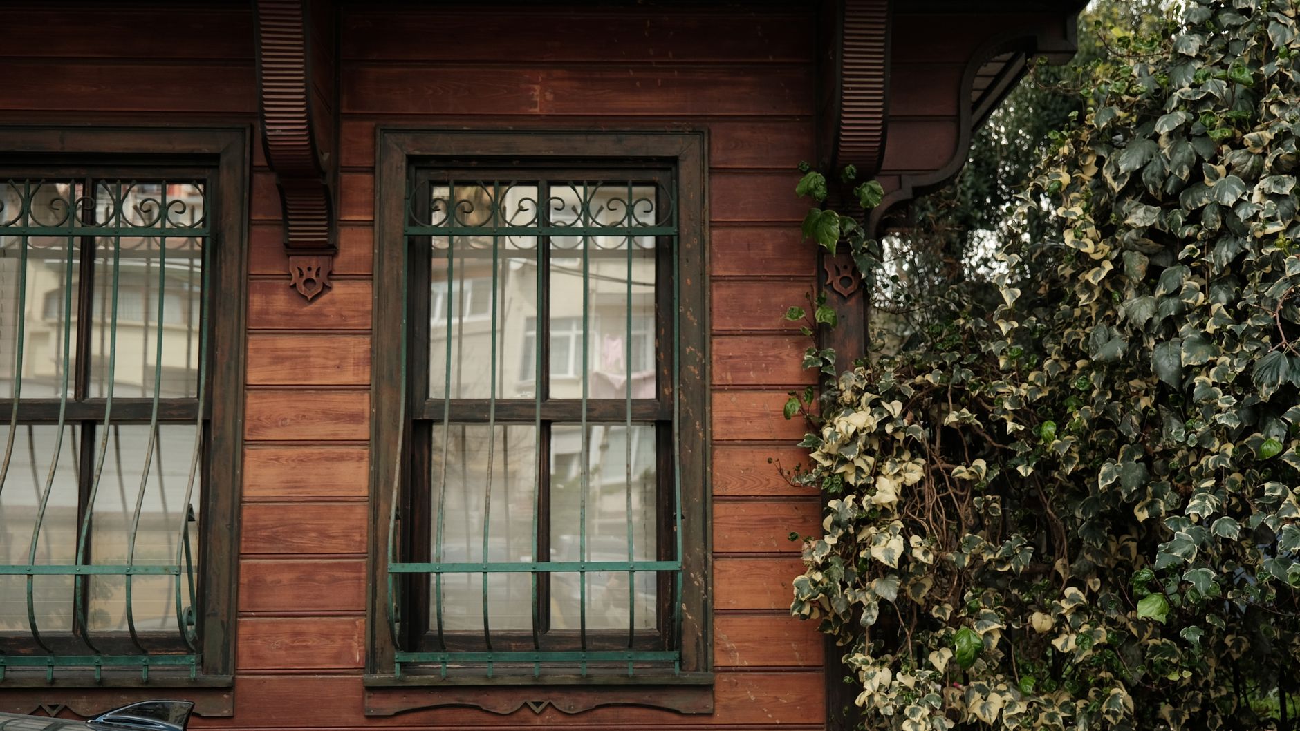 Wooden house front with barred windows surrounded by ivy