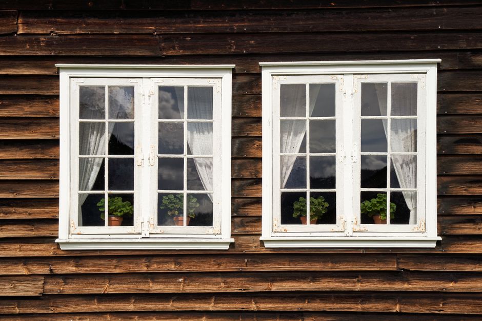 Two white framed windows with curtains and potted plants on a dark wood plank wall